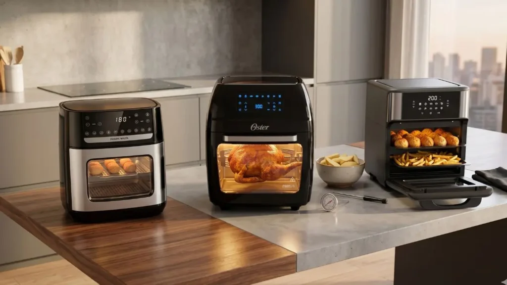 Air Fryer 8 litros. 3 Modelos de marcas selecionadas sendo usadas numa mesa