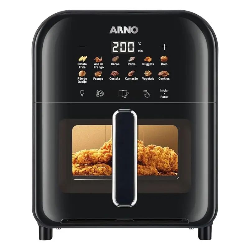 Air Fryer Arno Easy Fry Turbo AFI6 6L com visor transparente preparando alimentos crocantes