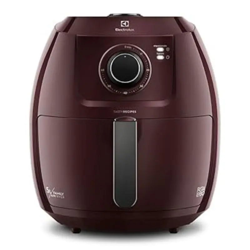 Air Fryer Eletrolux 5 litros Rita Lobo. vermelho escuro preparando alimentos crocantes em cozinha moderna