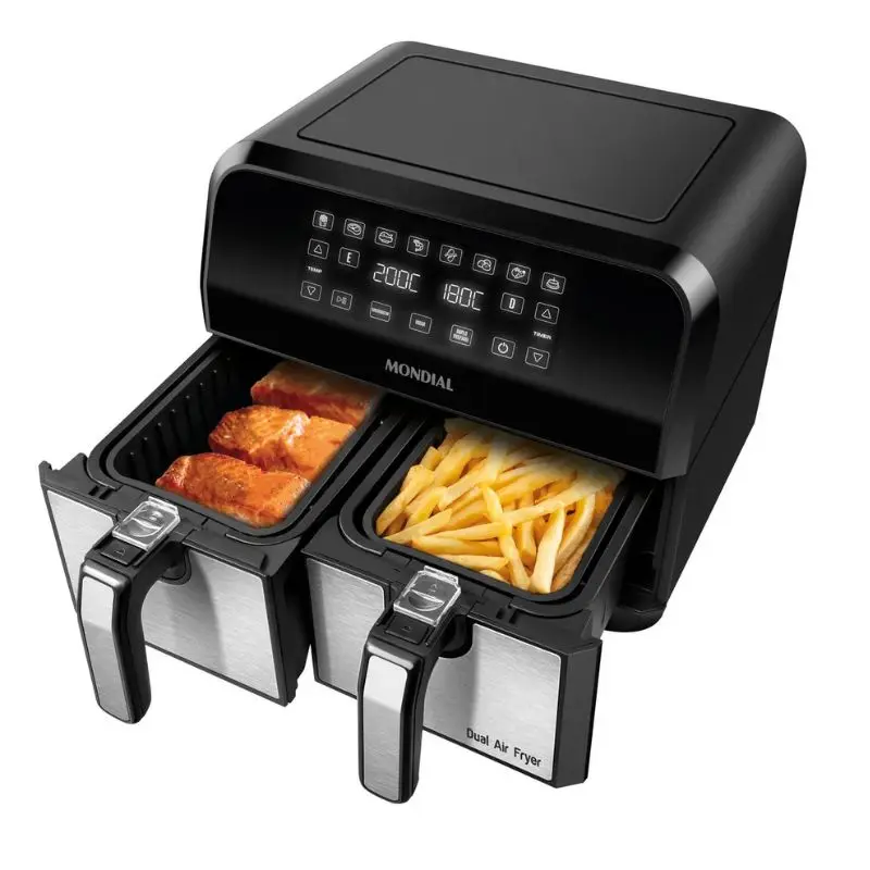 Air Fryer Mondial Dual AFD-01-BI 8L. Uma opção moderna para quem quer preparar duas receitas ao mesmo tempo com mais praticidade.