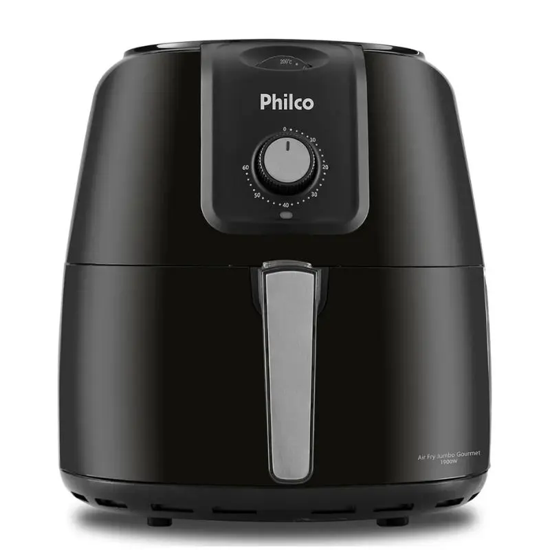 Air Fryer Philco Gourmet Black 8L. Com botão analógico giratório na frente.