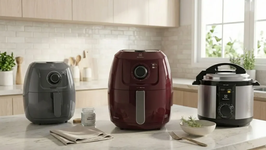 Air Fryer Linha Rita Lobo. Imagem com 3 modelos. Eficiencia para uma casa moderna.