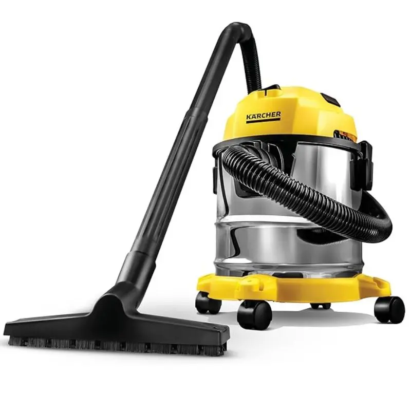 Aspirador de pó e água Karcher WD 3 amarelo e preto com base em inox. Compacto e eficiente