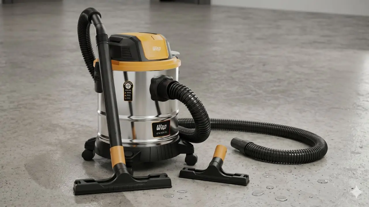 Melhor Aspirador de pó e água da Wap GTW Inox posicionado em um chão de concreto realista com gotas d'água, exibindo seus acessórios e mangueira estendida em formato horizontal