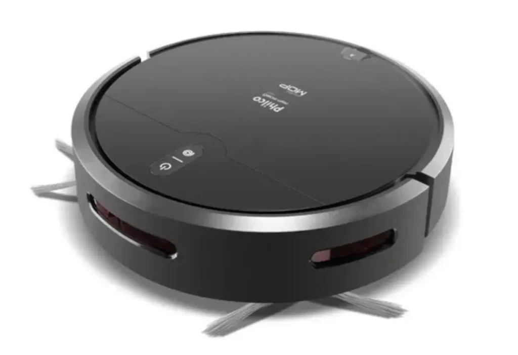 Robô aspirador e passa-pano iRobot Roomba Combo j9+ na cor preta, com detalhes prateados na tampa. O aparelho está posicionado próximo à sua base Clean Base de autoesvaziamento e reabastecimento de água, que possui acabamento em madeira no topo.