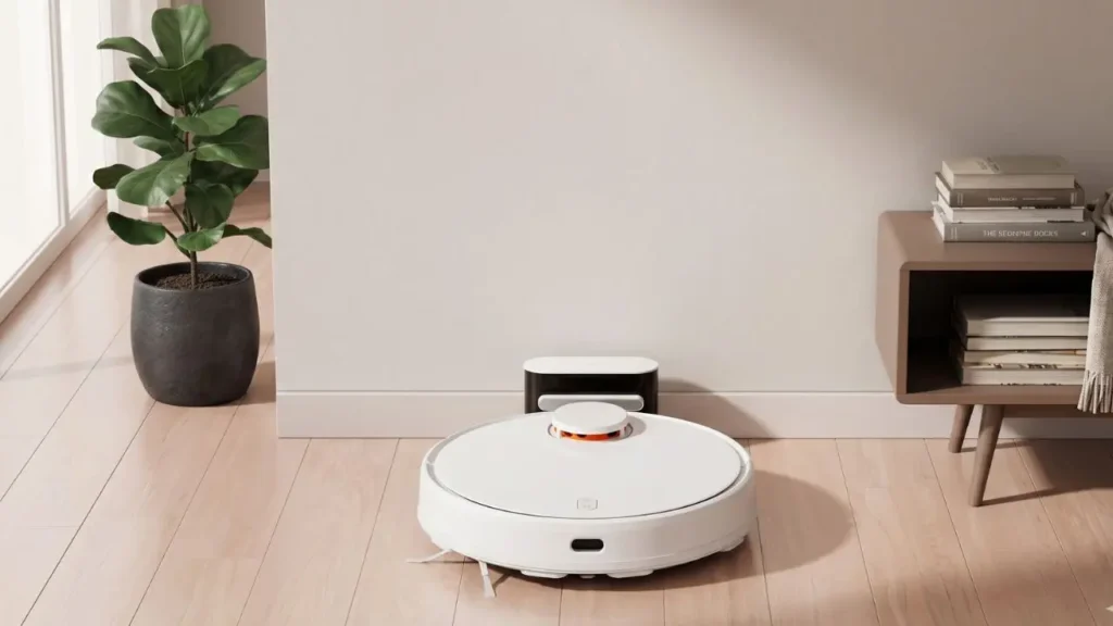 Melhor robô aspirador de pó para sua casa. Xiaomi S10 branco trabalhando na sala.