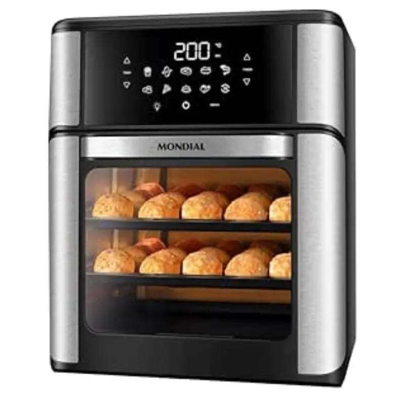 Forno Air Fryer Mondial 12 litros multifuncional preparando alimentos assados em cozinha moderna