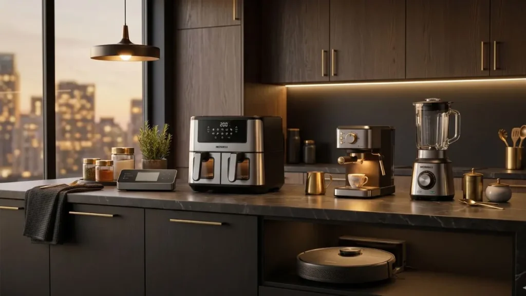 Eletrodomésticos modernos para cozinha e casa inteligente com air fryer, cafeteira e acessórios premium