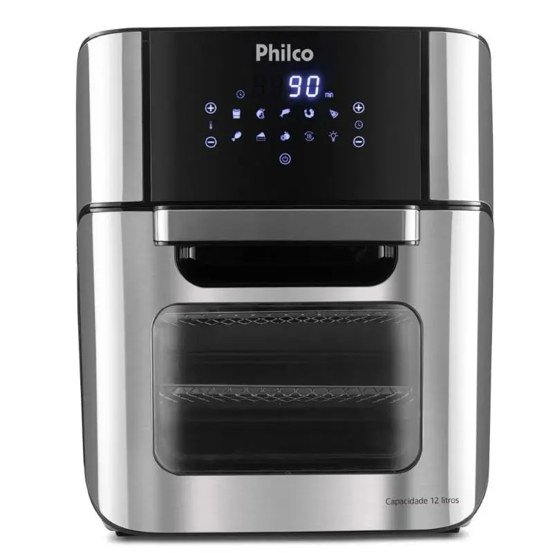Forno Air Fryer Philco multifuncional Pfr2200, preparando alimentos assados em cozinha moderna, 12 litros.