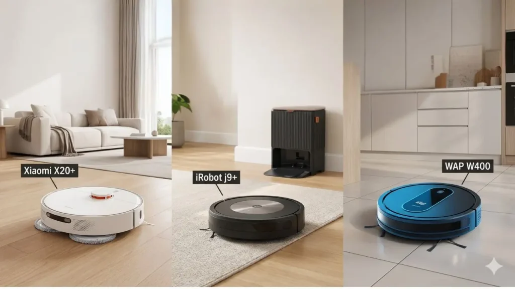 Imagem dividida em três partes mostrando três modelos de robô aspirador em ambientes domésticos. À esquerda, o Xiaomi Robot Vacuum X20+ em um piso de madeira. No centro, o iRobot Roomba Combo j9+ próximo à sua base de carregamento sobre um tapete. À direita, o WAP ROBOT W400 em um piso frio.