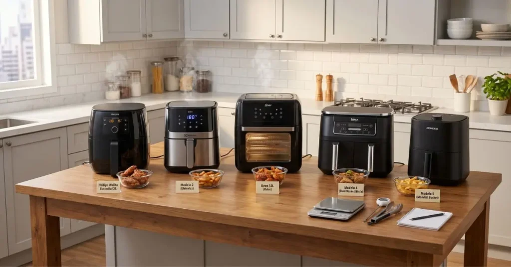 Air Fryer 4 Litros - 5 modelos recomendados em 2026 expostos numa mesa de madeira numa cozinha.