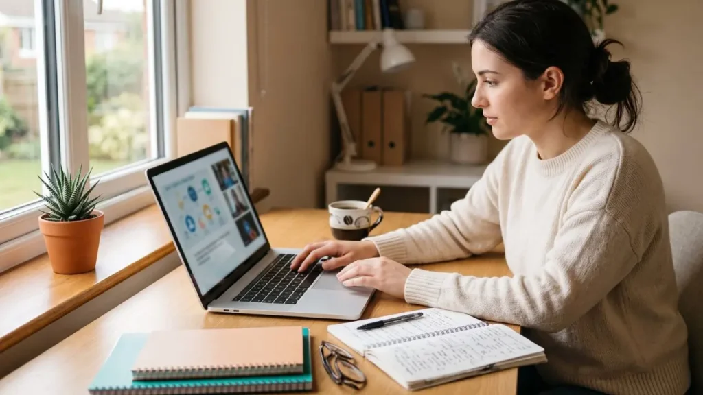Notebook para estudar sendo utilizado durante aula online por uma jovem moça em seu escritório de casa.